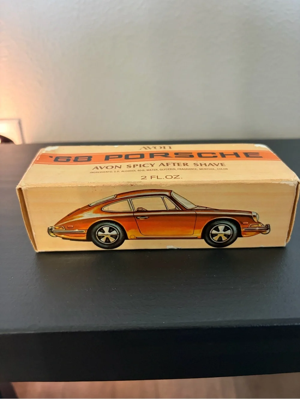 Vintage collectible Avon '68 Porsche Spicy After Shave - Orange and Cream Box